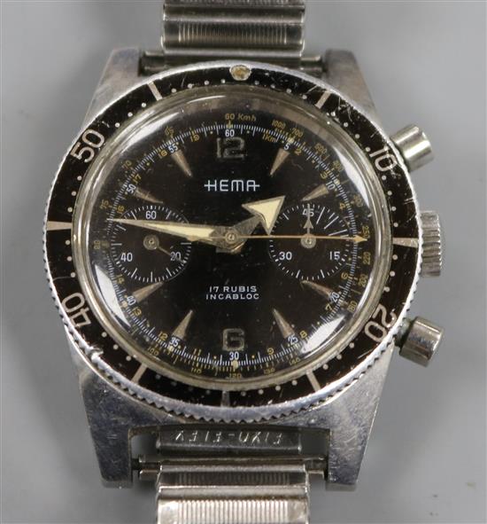 A gentlemans 1960s? stainless steel Hema divers chronograph manual wind wrist watch, on associated bracelet.